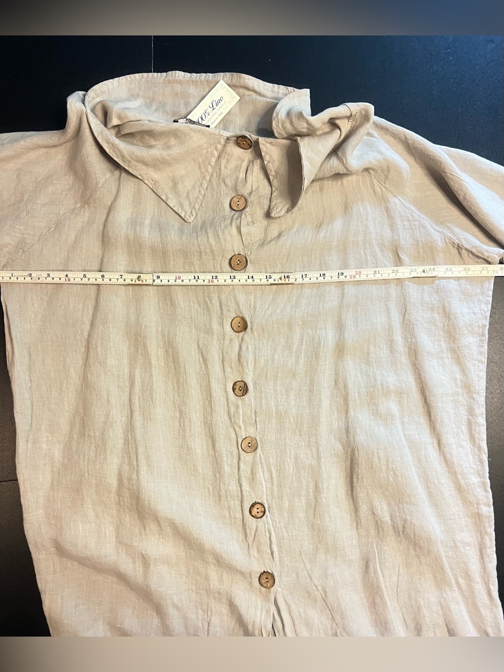 Zen Italian beige linen button up/back, regal collar/cowl dress w/pockets-NWT - Picture 9 of 16